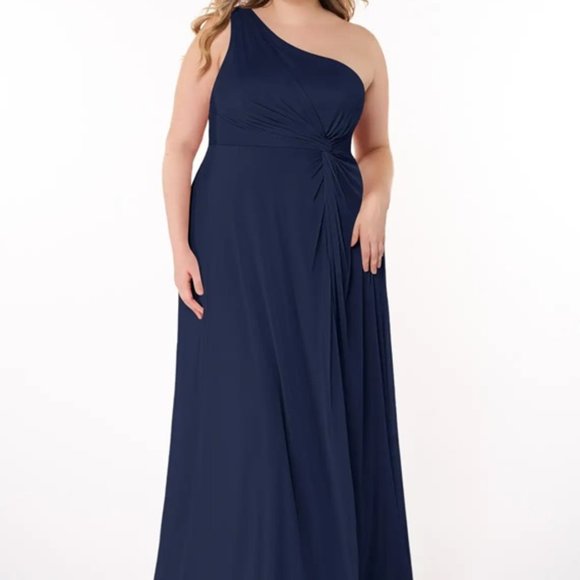 AZAZIE BROOKE A-Line One Shoulder Mesh Floor-Length Dress Dark Navy - Picture 1 of 13